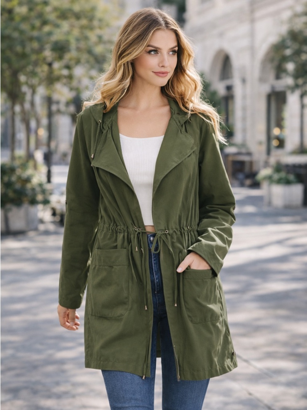 Love Tree Olive Green Lightweight Utility Jacket Size Large Hooded Drawstring